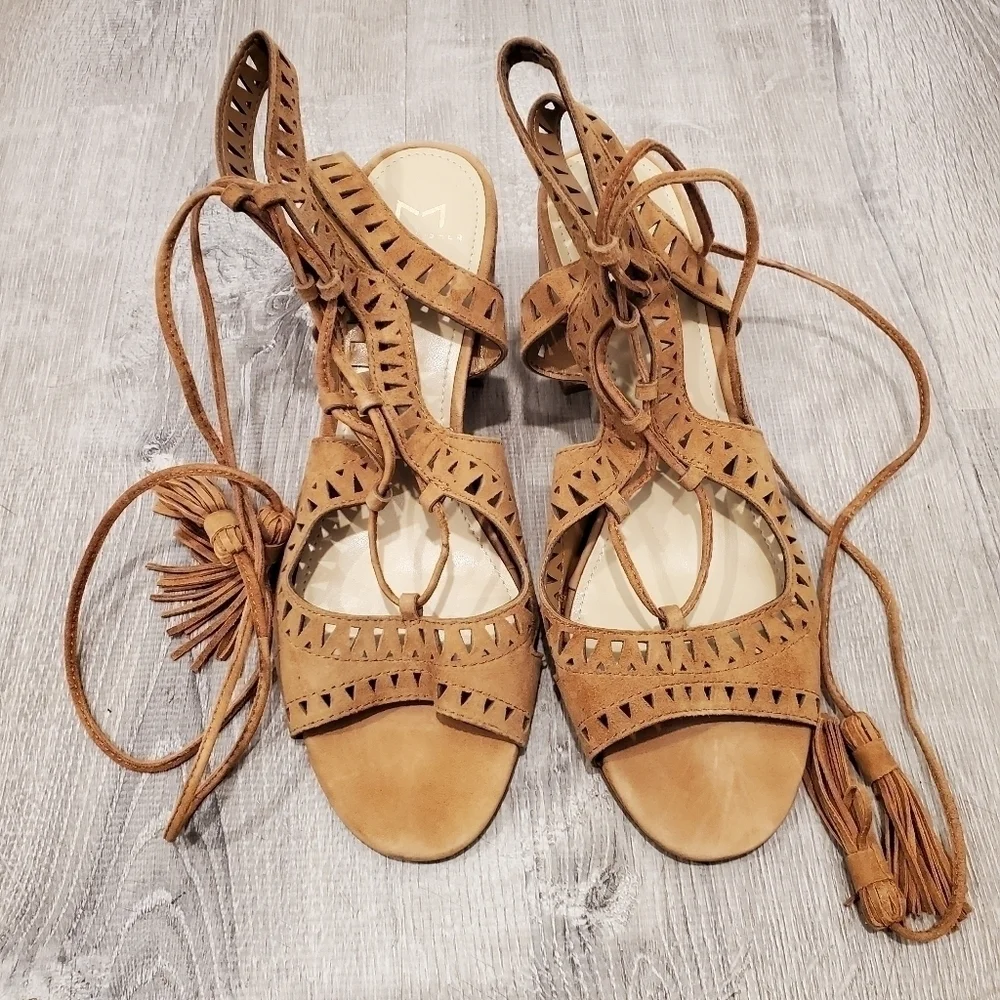 Marc Fisher Remone Brown Suede Perforated Lace-up Sandals
